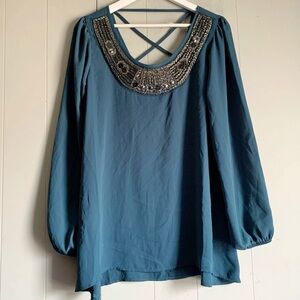 StudioY Wide Neck Bejeweled Semi Sheer Blue Tunic Top Size L